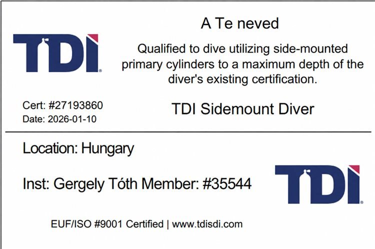 TDI Sidemount Diver tanúsítvány